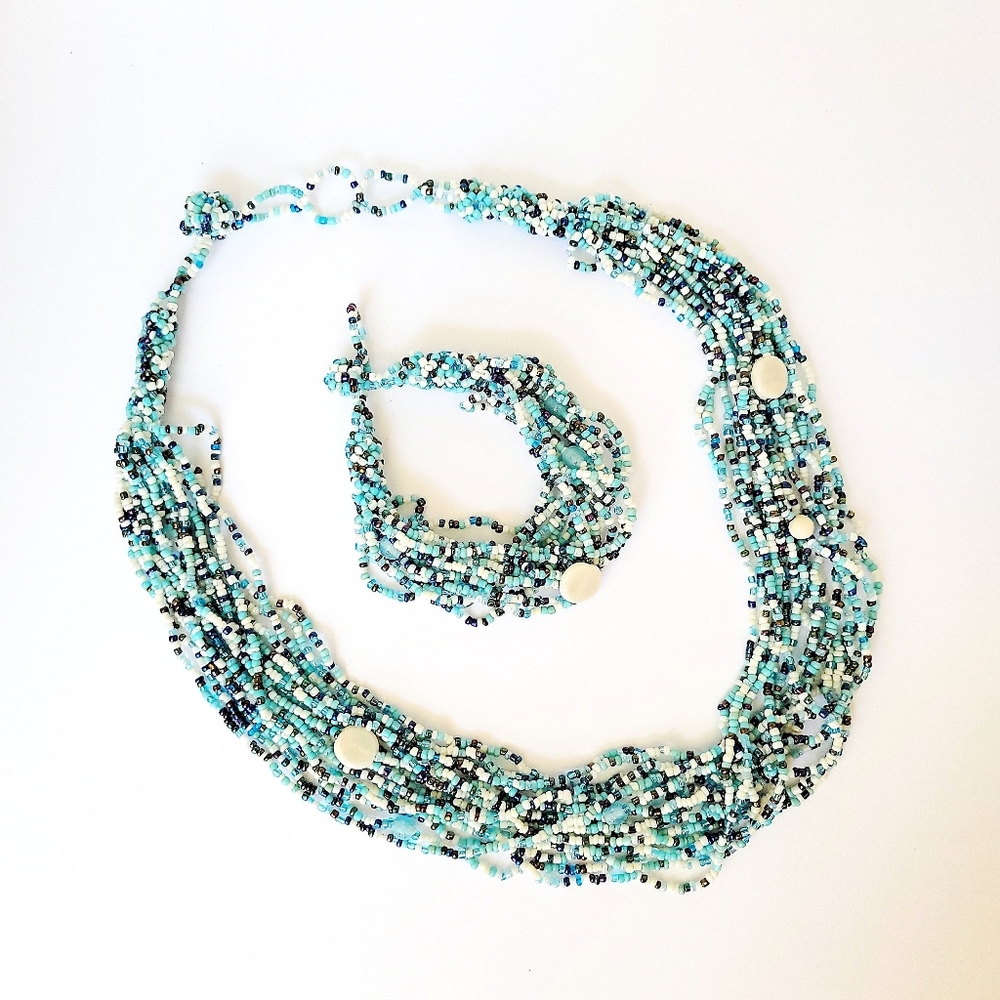 NEW! Turquoise Blue MultiStrand Glass Seed Bead Necklace & Bracelet Set